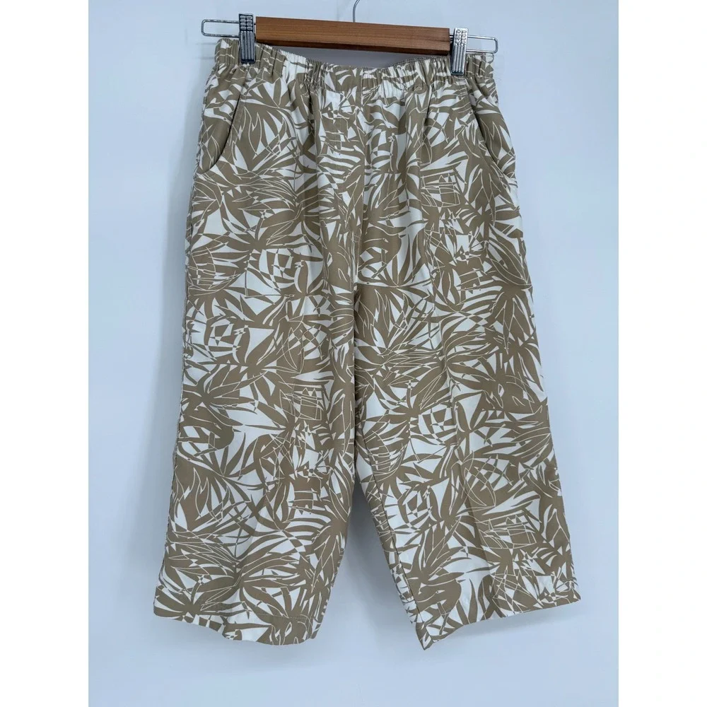 Alia Tan White Palm Leaf Print Elastic Cropped Wide Leg Pants Sz (see pics)